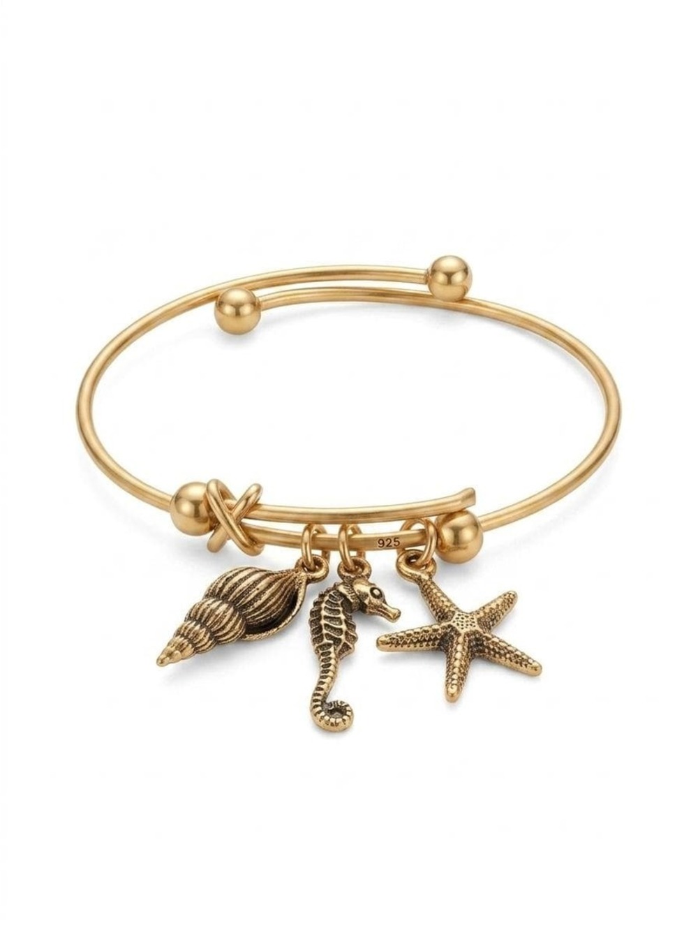 Gold Seahorse Starfish Bangle Vintage Bracelet Beach Ocean Charm Nautical Marine